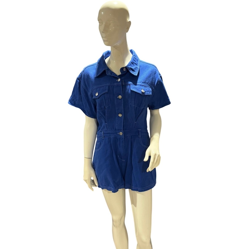 Peach Love California Blue Cotton Utility Romper – Women's M